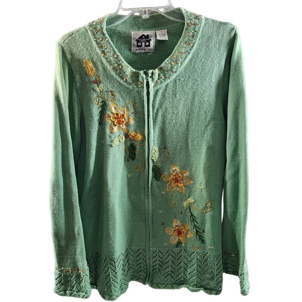 Sz L CHRISTMAS POINSETTIAS Green Front Zip Sweater Cardigan Story Book Knits